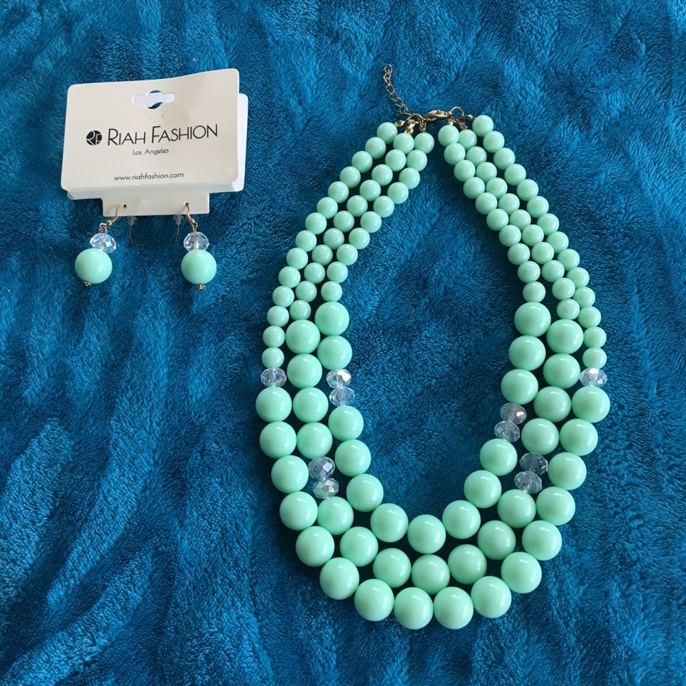 Blue bubble beaded necklace and earring set